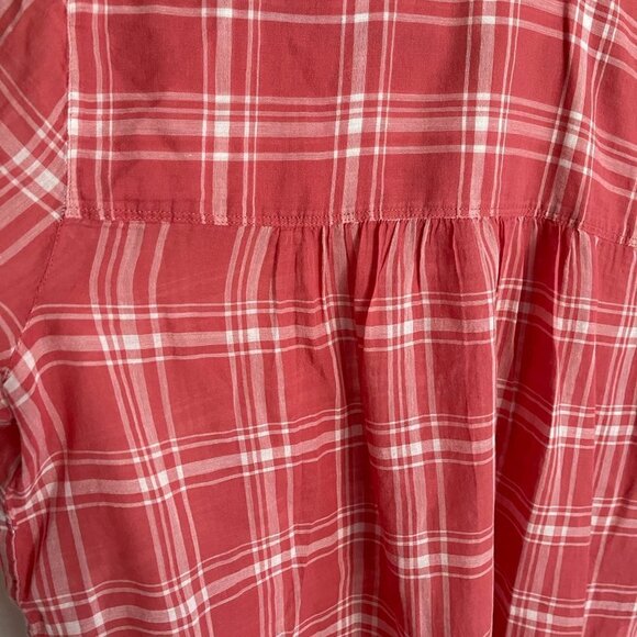 ANN Taylor Loft Woman's Large Petite Peach Plaid Lightweight Button Front Blouse - Picture 7 of 9